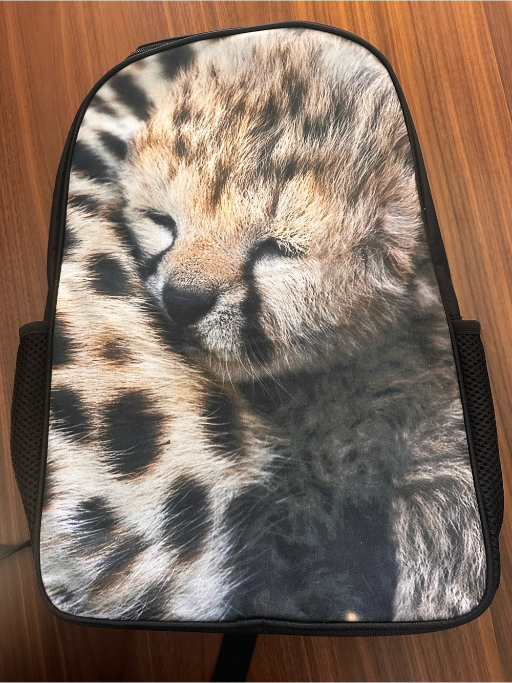 Cat-Themed Backpack with Cheetah Print - Black/Tan